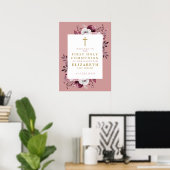 Roze Boho Bloemen Eerste Heilige Communie Welkom T Poster (Thuiskantoor)