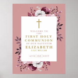 Roze Boho Bloemen Eerste Heilige Communie Welkom T Poster