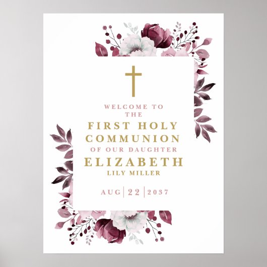 Roze Boho Bloemen Eerste Heilige Communie Welkom T Poster (Voorkant)