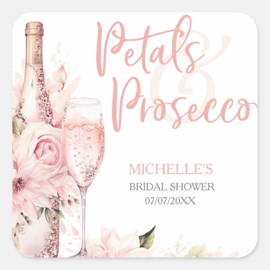 Roze Boho Bloemen en Prosecco Bloem Vierkante Sticker (Voorkant)