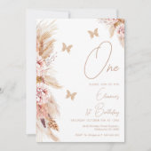 Roze Boho Bloemen en Vlinders 1e verjaardag Kaart (Voorkant)