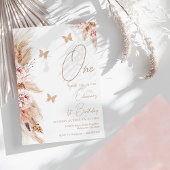Roze Boho Bloemen en Vlinders 1e verjaardag Kaart