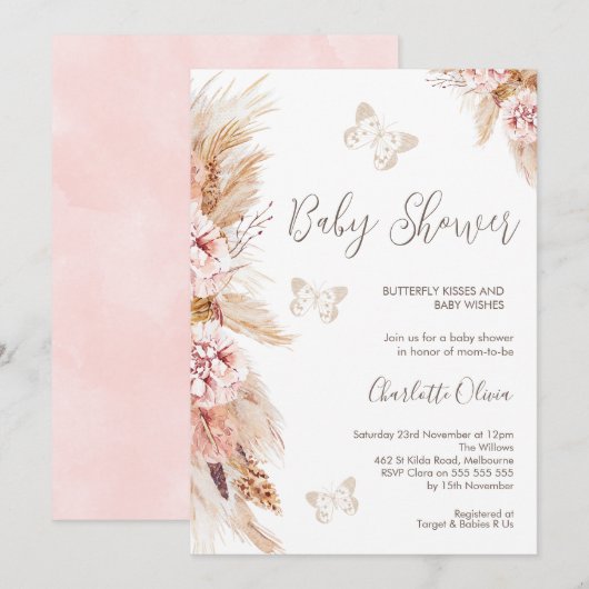 Roze Boho Bloemen en Vlinders Baby shower Kaart (Voorkant / Achterkant)