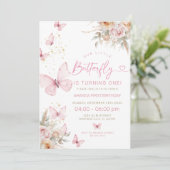 Roze Boho bloemen en vlinders verjaardag Kaart (Staand voorkant)