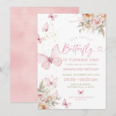 Roze Boho bloemen en vlinders verjaardag Kaart (Voorkant / Achterkant)