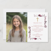 Roze Boho Bloemen Foto Eerste Heilige Communie Bedankkaart (Voorkant)