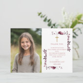 Roze Boho Bloemen Foto Eerste Heilige Communie Bedankkaart (Staand voorkant)