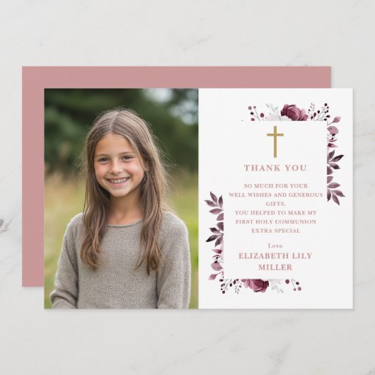 Roze Boho Bloemen Foto Eerste Heilige Communie Bedankkaart (Voorkant / Achterkant)