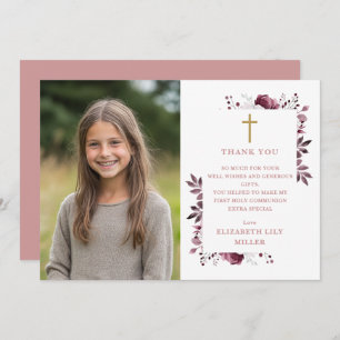 Roze Boho Bloemen Foto Eerste Heilige Communie Bedankkaart