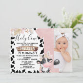 Roze Boho Bloemen Foto Heilige Koe 1e Verjaardag Kaart (Staand voorkant)