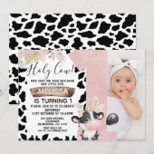 Roze Boho Bloemen Foto Heilige Koe 1e Verjaardag Kaart (Voorkant / Achterkant)