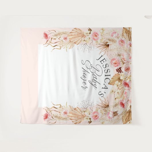 roze Boho bloemen Pampas baby girl shower achtergr Wandkleed (Voorkant (horizontaal))