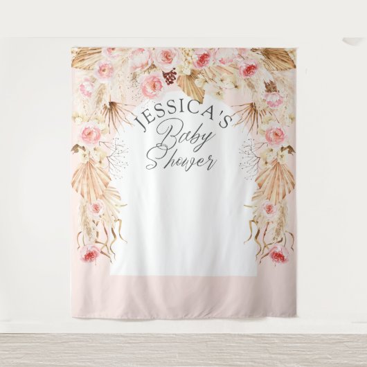 roze Boho bloemen Pampas baby girl shower achtergr Wandkleed (Voorkant)