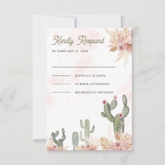 Roze Boho Bloemen Pampas Cactus Huwelijk RSVP Kaartje (Voorkant)