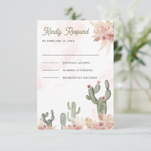 Roze Boho Bloemen Pampas Cactus Huwelijk RSVP Kaartje (Staand voorkant)