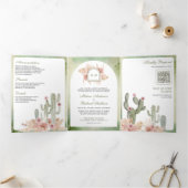 Roze Boho Bloemen Pampas Cactus QR Code Bruiloft Drieluik Uitnodiging (Binnen)