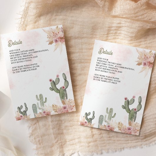 Roze Boho Bloemen Pampas Cactus Wedding Details Informatiekaartje