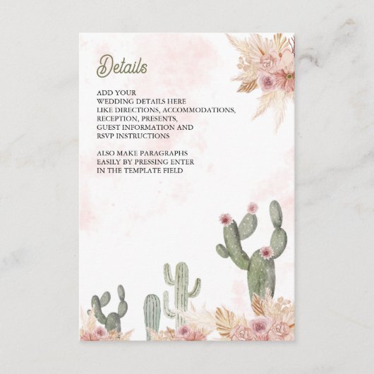 Roze Boho Bloemen Pampas Cactus Wedding Details Informatiekaartje (Voorkant)