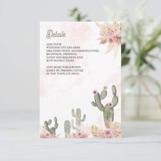 Roze Boho Bloemen Pampas Cactus Wedding Details Informatiekaartje (Staand voorkant)