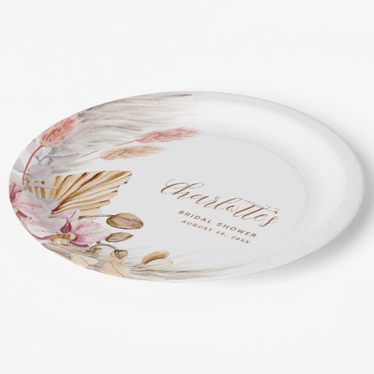 Roze Boho Bloemen Pampas Gras | VRIJGEZELLENFEEST Papieren Bordje (Gekanteld)