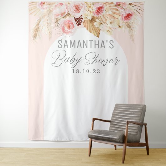 roze Boho Bloemen Pampass Baby Meisje Douche Achte Wandkleed (In situ)