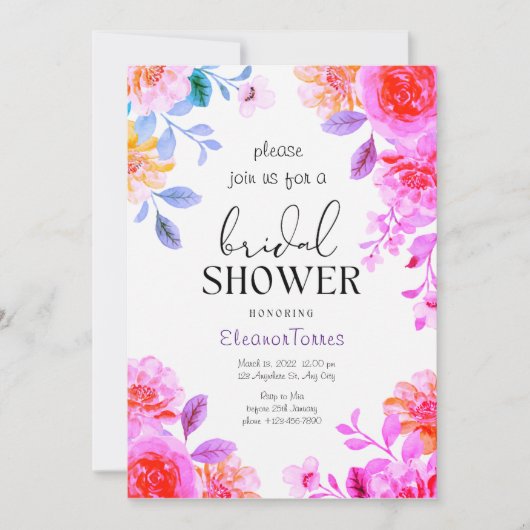 Roze boho bloemenbruids douche uitnodiging (Voorkant)