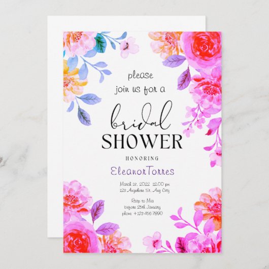 Roze boho bloemenbruids douche uitnodiging (Voorkant / Achterkant)