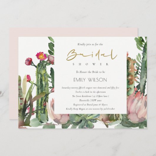 ROZE BOHO-BLOEMENKACTUS-LOOF BRUIDSSHOWER-UITNODIG KAART (Voorkant / Achterkant)