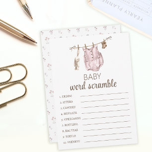 Roze boho bloemige baby shower woordpuzzel advieskaart