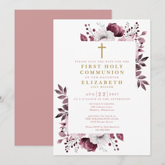 Roze Boho Bloemige Botanische Eerste Heilige Commu Save The Date (Voorkant / Achterkant)
