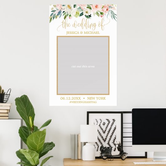 Roze boho bloemige en gouden glitters bruiloft poster (Thuiskantoor)