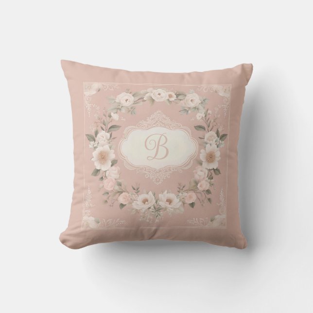 Roze Boho Bloemige Monogram Kussen (Voorkant)