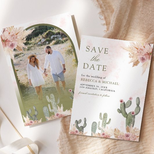 Roze Boho Bloemige Pampas Cactus Foto Bruiloft Save The Date