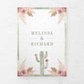Roze Boho Bloemige Pampas Cactus QR Code Trouwen Drieluik Uitnodiging (Cover)