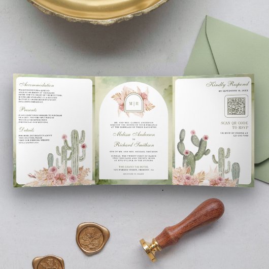 Roze Boho Bloemige Pampas Cactus QR Code Trouwen Drieluik Uitnodiging