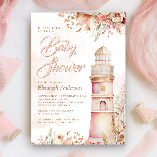 Roze Boho Bloemige Vuurtoren Baby Shower Kaart
