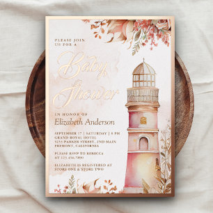 Roze Boho Bloemige Vuurtoren Baby Shower Roze Goud Folie Uitnodiging