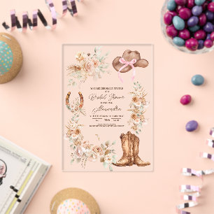 Roze Boho Bloemige Westerse Bruiloftsborrel Acryl Uitnodigingen
