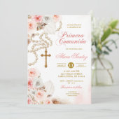 Roze Boho Bloemrijke Rozenkrans Eerste Heilige Com Kaart (Staand voorkant)