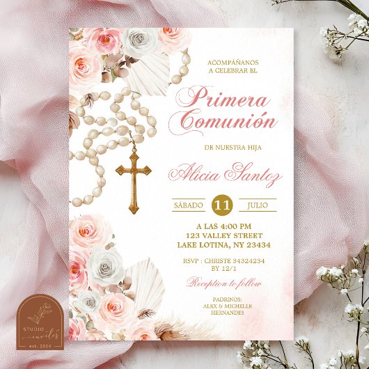 Roze Boho Bloemrijke Rozenkrans Eerste Heilige Com Kaart