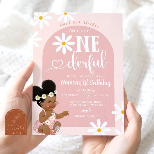 Roze Boho Boog Daisy Afro Afrikaanse Eerste Verjaa Kaart