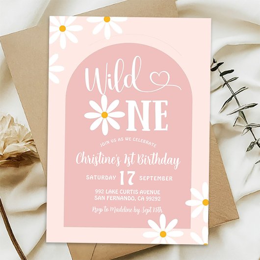 Roze Boho Boog Daisy Wilde Eerste Verjaardag Kaart