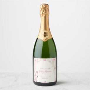 Roze Boho Boog Gingham Hart Baby Shower Sparkling Wijnetiket
