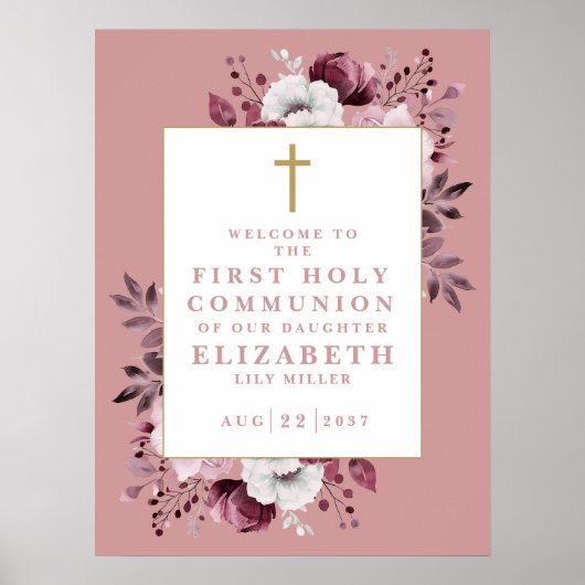 Roze Boho Botanische Heilige Communie Welkomstbord Poster (Voorkant)