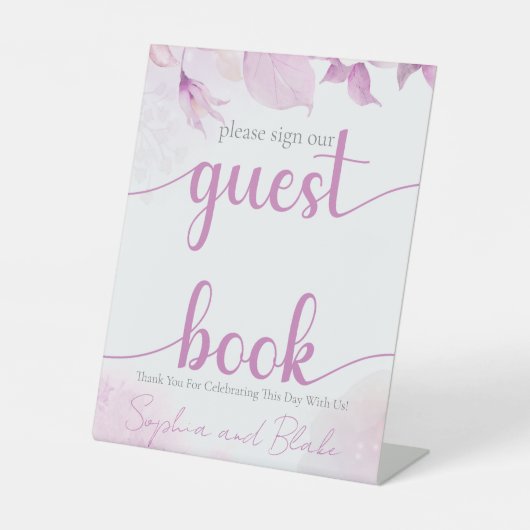 Roze Boho Bruiloft Gast Boek Pedestal Sign Reclamebord Met Voetstuk (Voorkant)