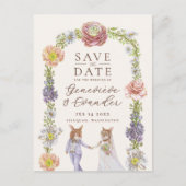 Roze Boho Bunny Love Bloemen Huwelijk Save the Dat Aankondigingskaart (Voorkant)