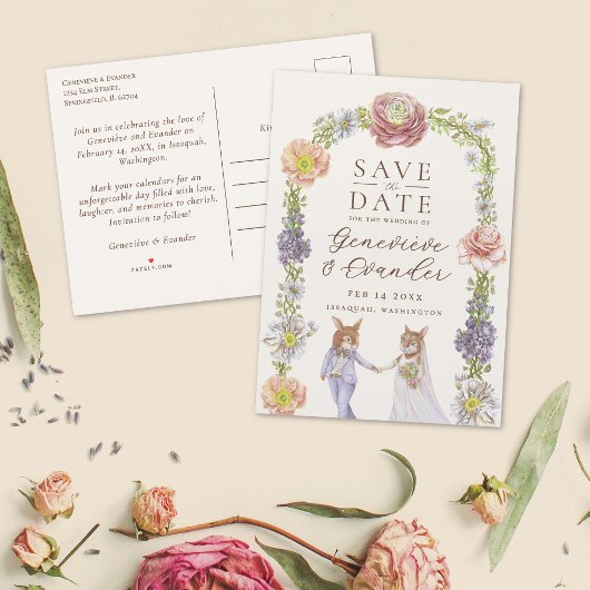 Roze Boho Bunny Love Bloemen Huwelijk Save the Dat Aankondigingskaart