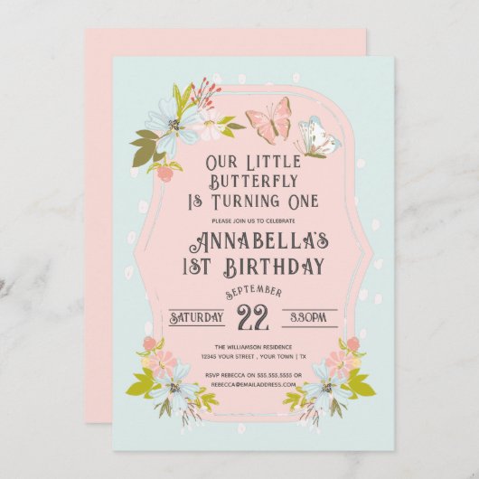 Roze Boho Butterfly 1st verjaardag Kaart (Voorkant / Achterkant)