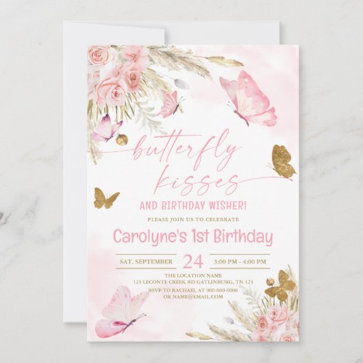 Roze Boho Butterfly Kisses en Birthday Wishes Kaart (Voorkant)