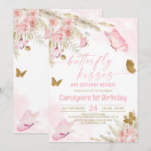 Roze Boho Butterfly Kisses en Birthday Wishes Kaart (Voorkant / Achterkant)
